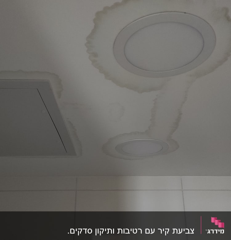 כתמי רטיבות על תקרה עם תאורה שקועה